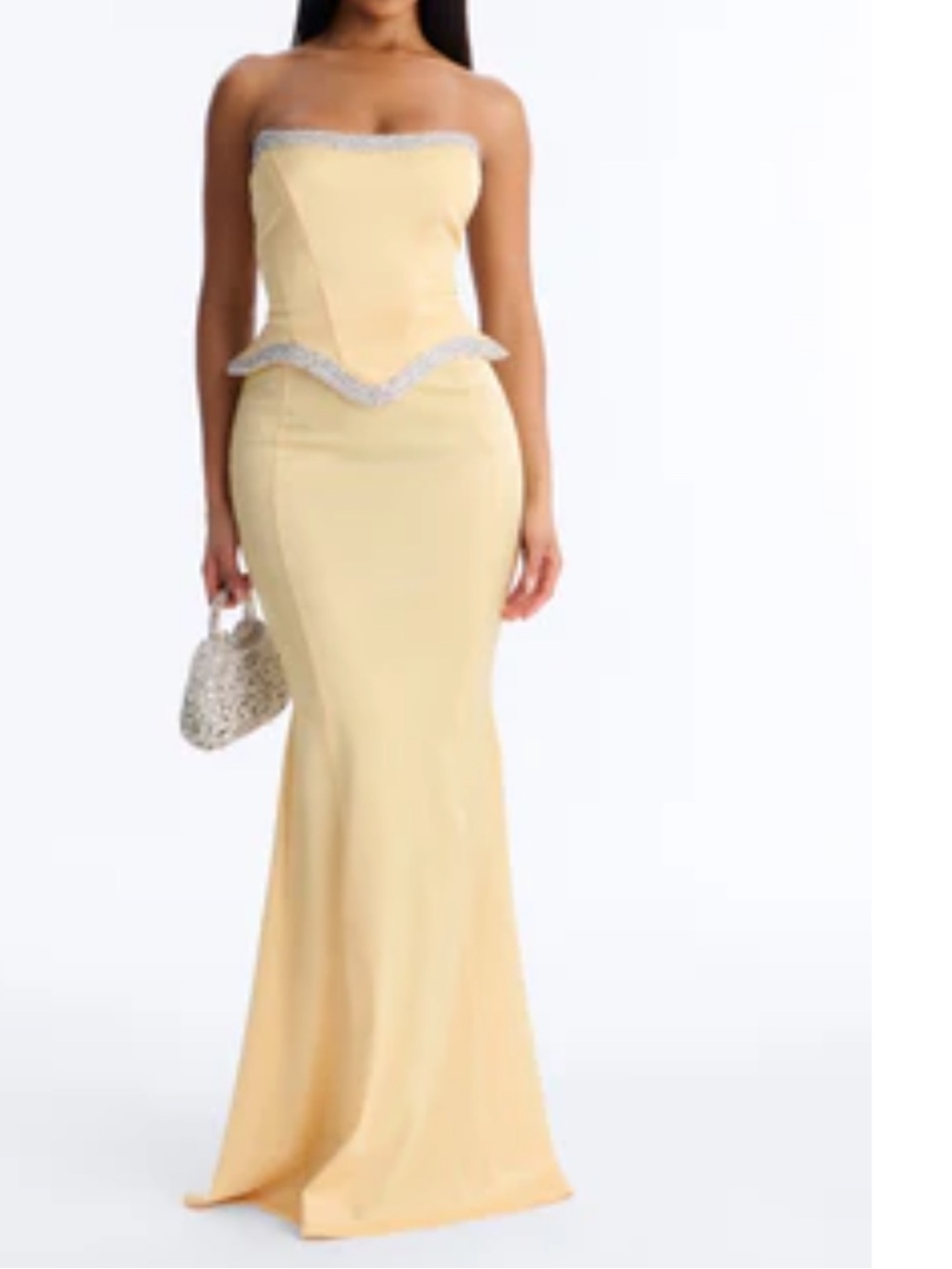 Fashion Nova Strapless Pale Yellow Peplum Evening Gown